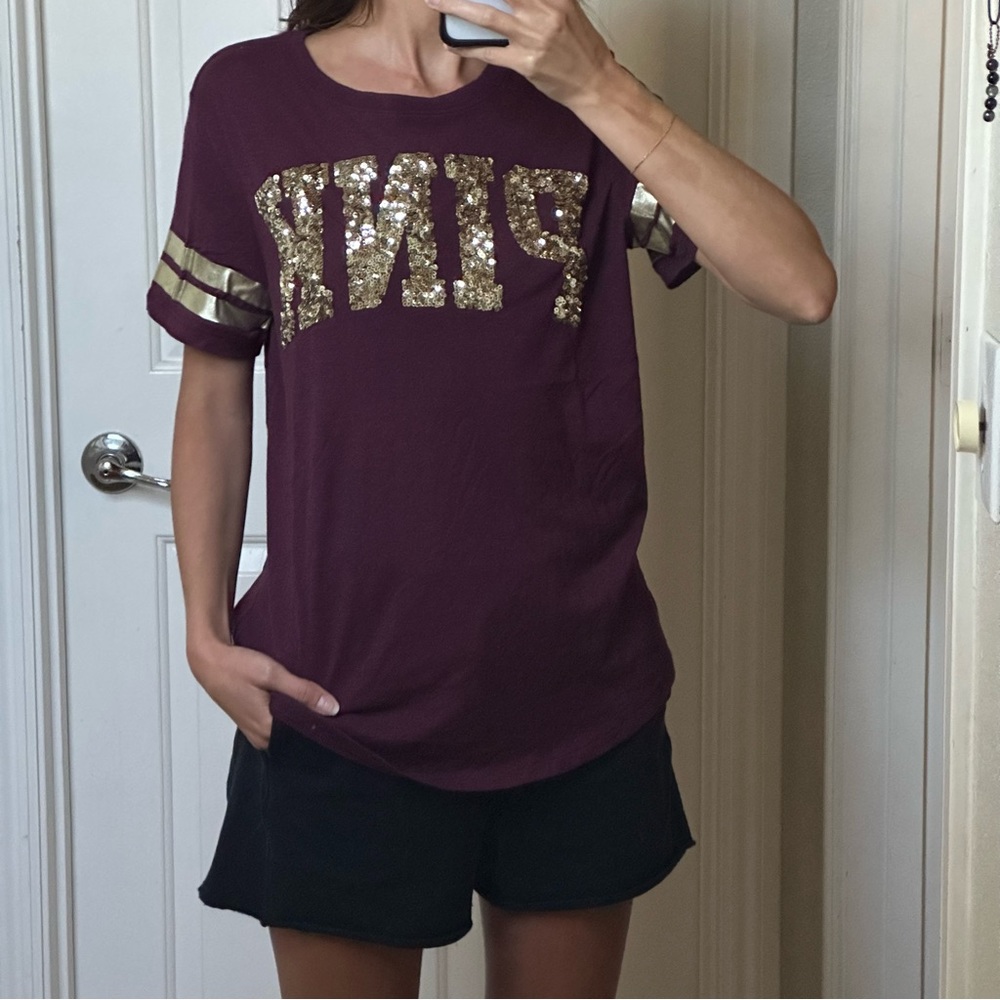 VS PINK Maroon and Gold Pink Sparkle Tee